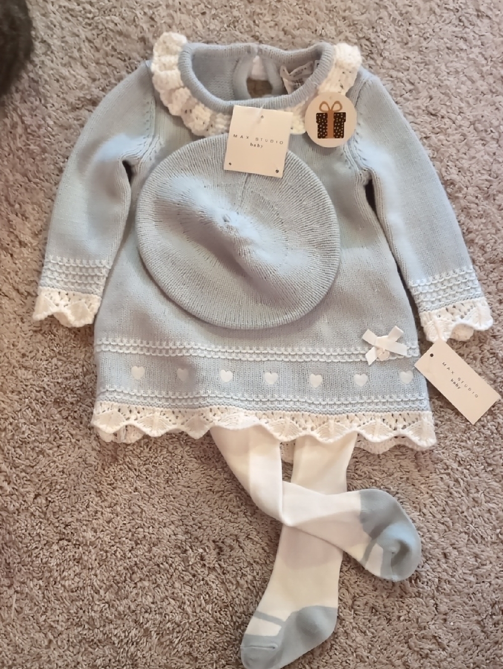 Baby Powder Blue Knit Dress Set with Beret & Tights